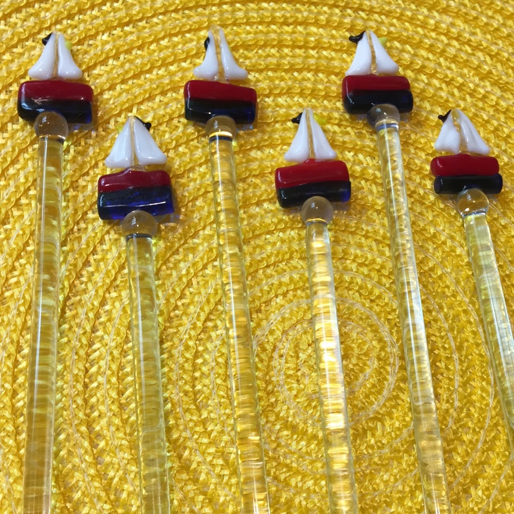 ⛵️Set/6 Tall Glass Sailboat Drink Stirrers - Picture 1 of 5